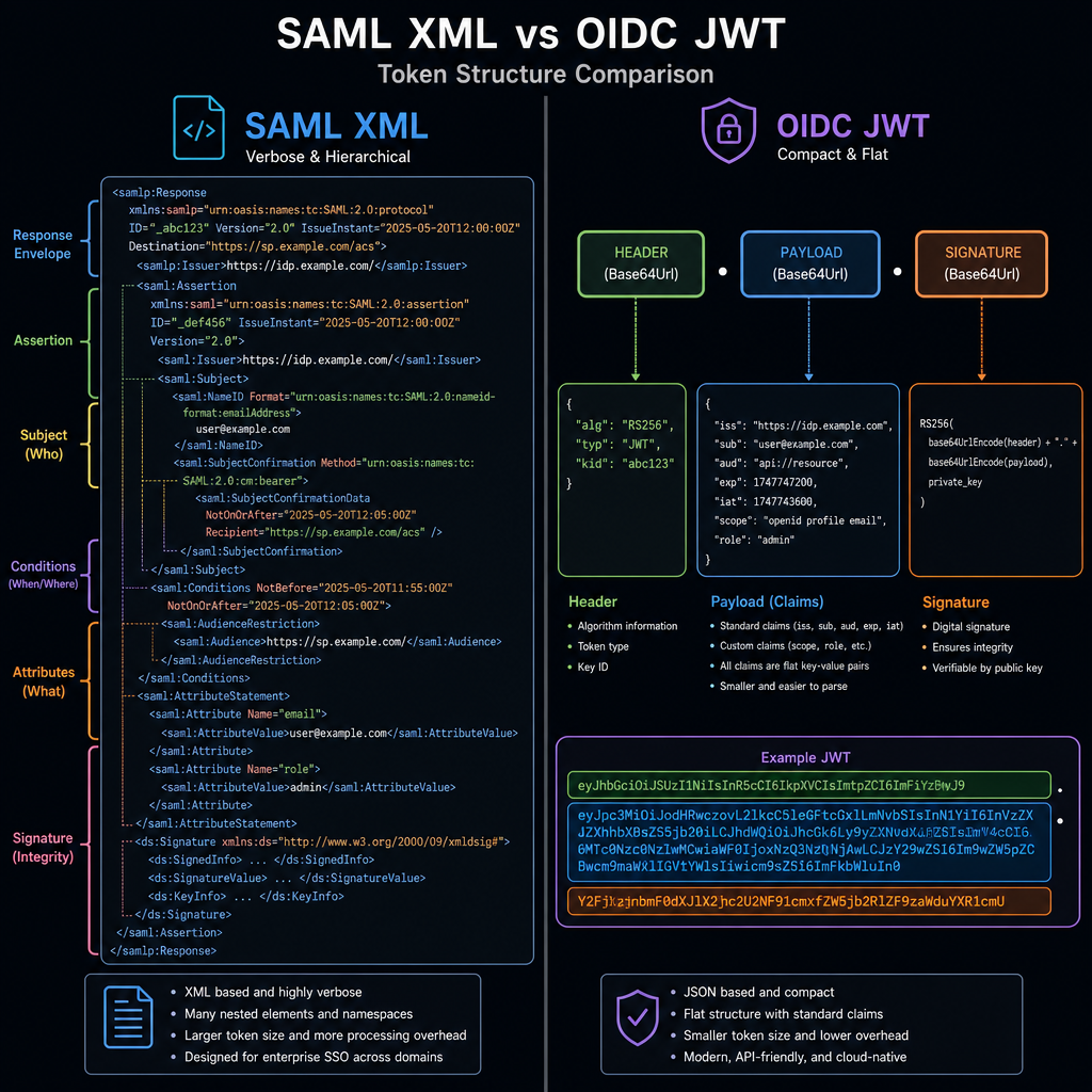 migrating-saml-to-oidc-protocol-shift : PROMET : Concept diagram showing the transition from a bulky SAML XML envelope over SOAP to a compact JWT token structure with distinct header, payload, and signature layers.