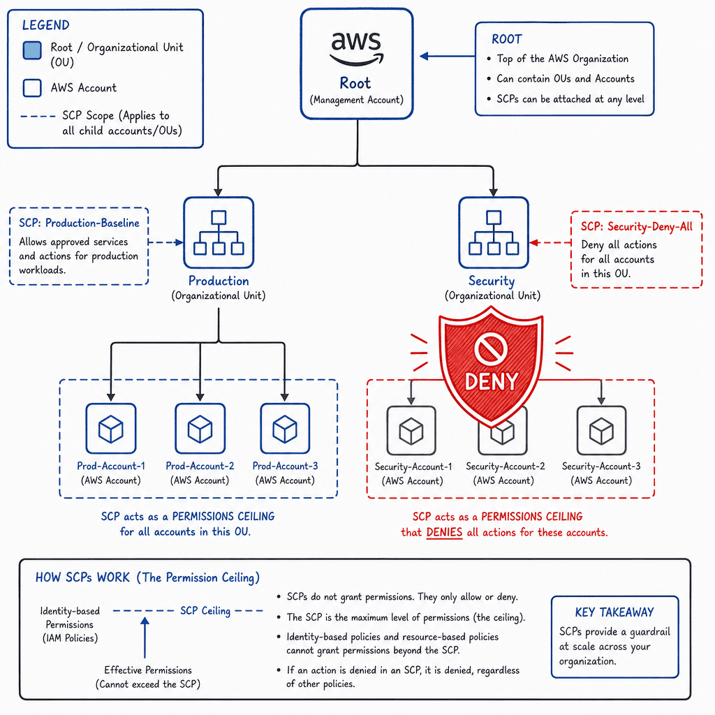 Technical diagram showing an AWS Organization tree structure with a Root node, multiple Organizational Units (OUs) like Production and Security, and Service Control Policies (SCPs) overlaying the OUs with a red 'Deny' shield icon. The visual should illustrate how SCPs act as a…