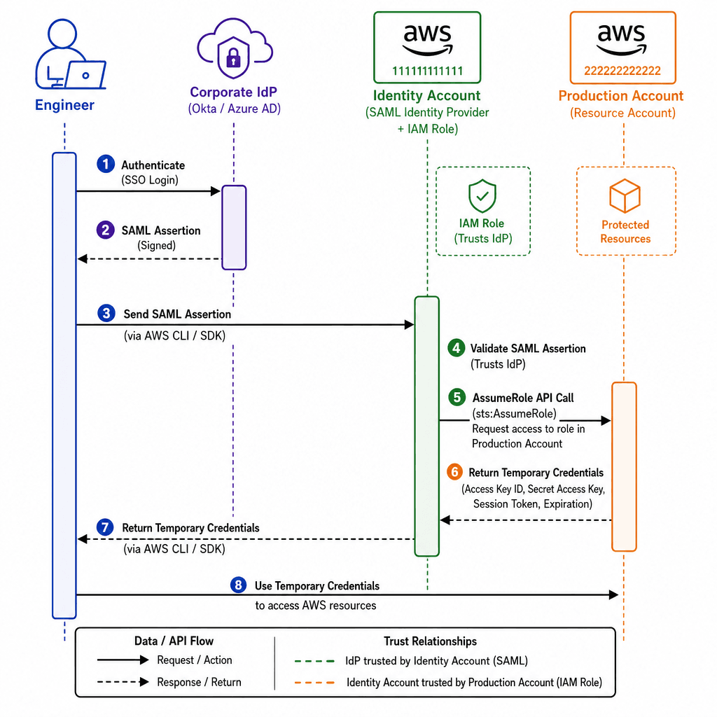 Sequence diagram illustrating cross-account role assumption flow. Actors : Engineer, Corporate IdP (Okta/Azure AD), Identity Account, Production Account. Arrows showing SAML assertion, AssumeRole API call, and return of temporary credentials. Visual style : technical flowchart…