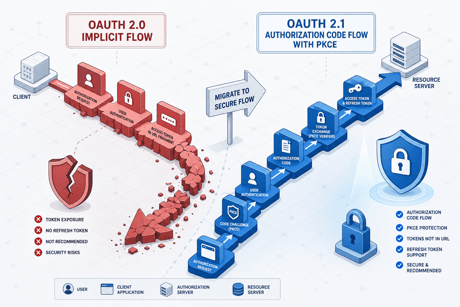 Diagram illustrating the transition from OAuth 2.0 Implicit Flow to OAuth 2.1 Authorization Code with PKCE.