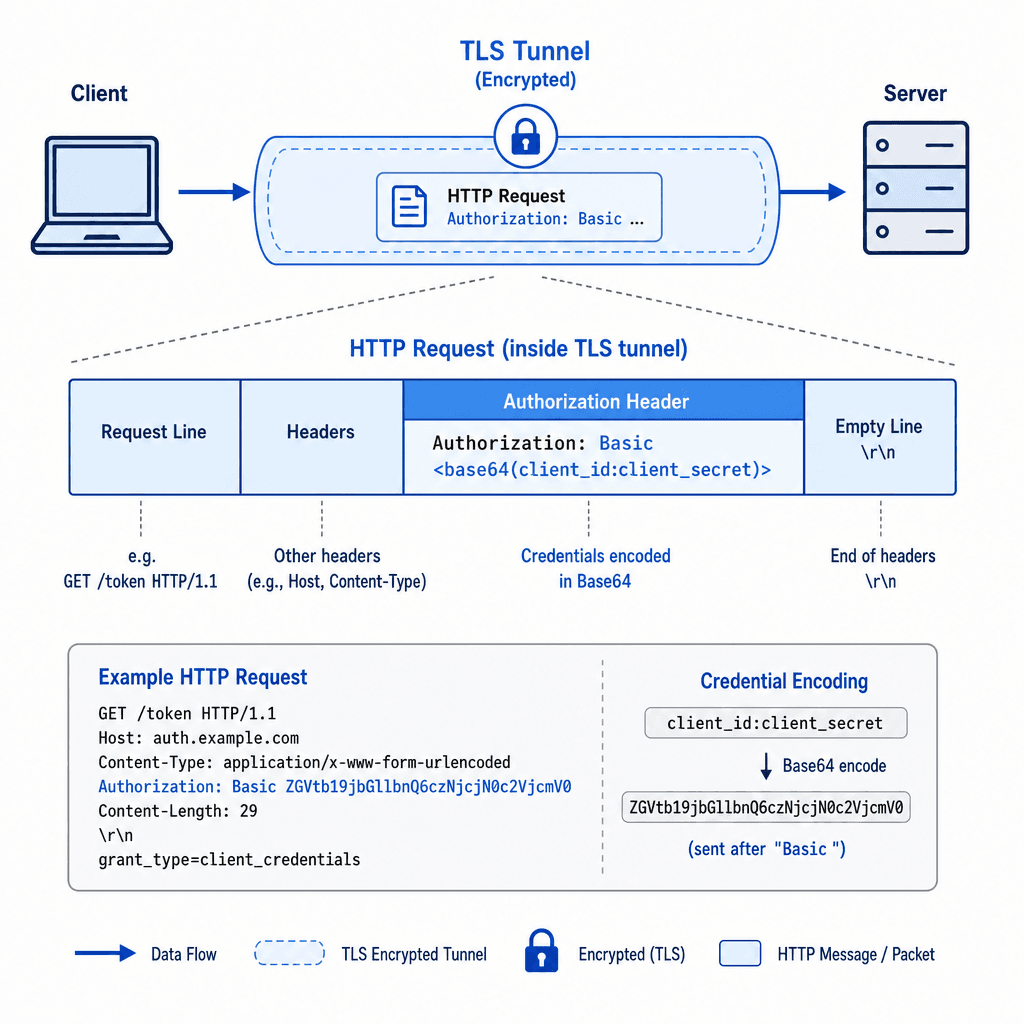 Technical diagram showing a client sending a client_id and client_secret in an HTTP Authorization header over a TLS tunnel. Style : clean vector illustration, blue and grey color palette, focus on the data packet structure.
