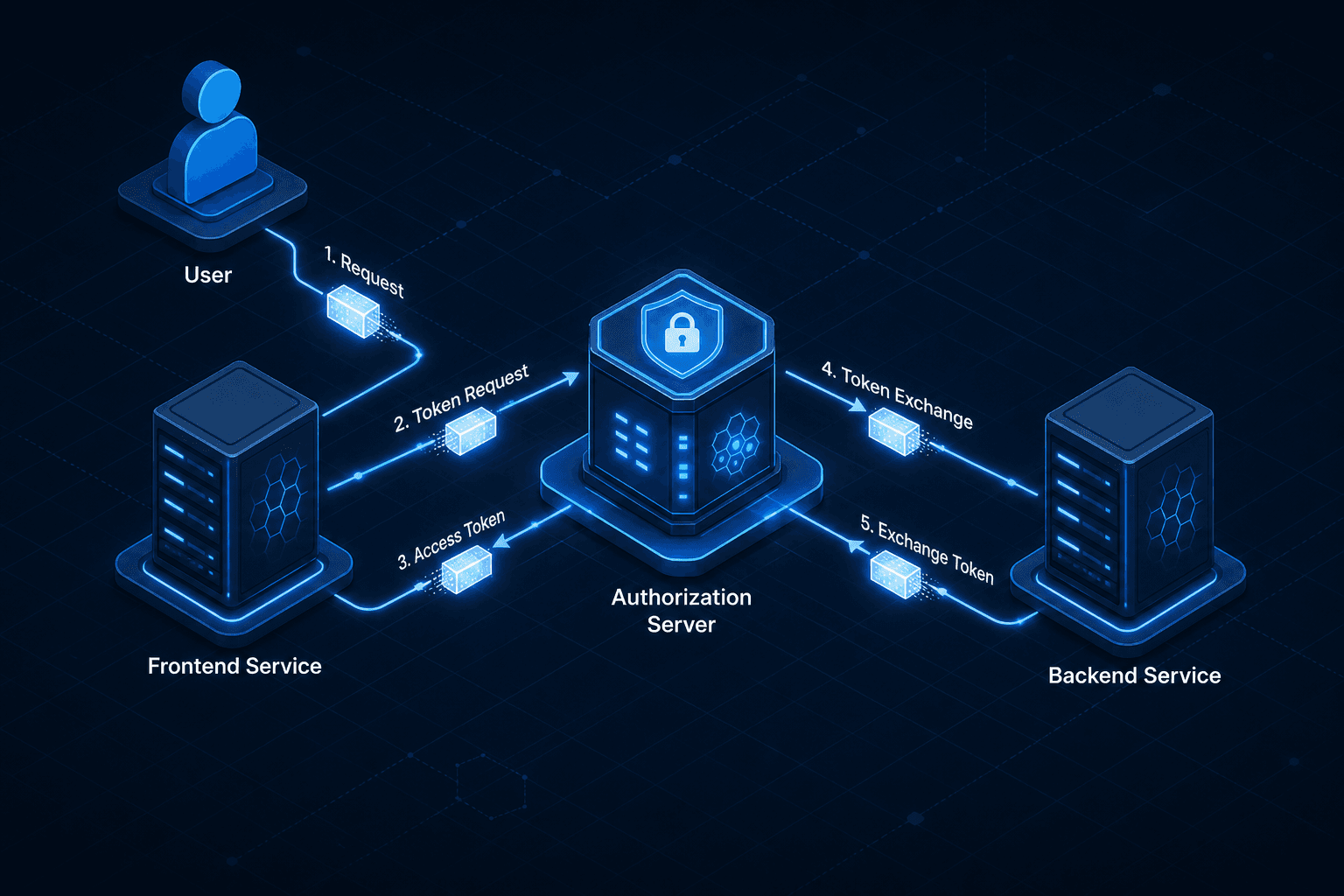 Diagram illustrating the OAuth2 Token Exchange flow between Frontend-Service, Authorization Server, and Backend-Service.