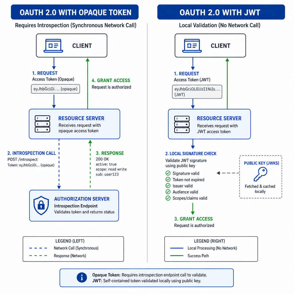 A technical architecture diagram comparing two authentication flows side-by-side. Left side: OAuth 2.0 with Opaque Token showing a Resource Server making a synchronous network call to an Authorization Server for introspection. Right side: OAuth 2.0 with JWT showing a Resource …