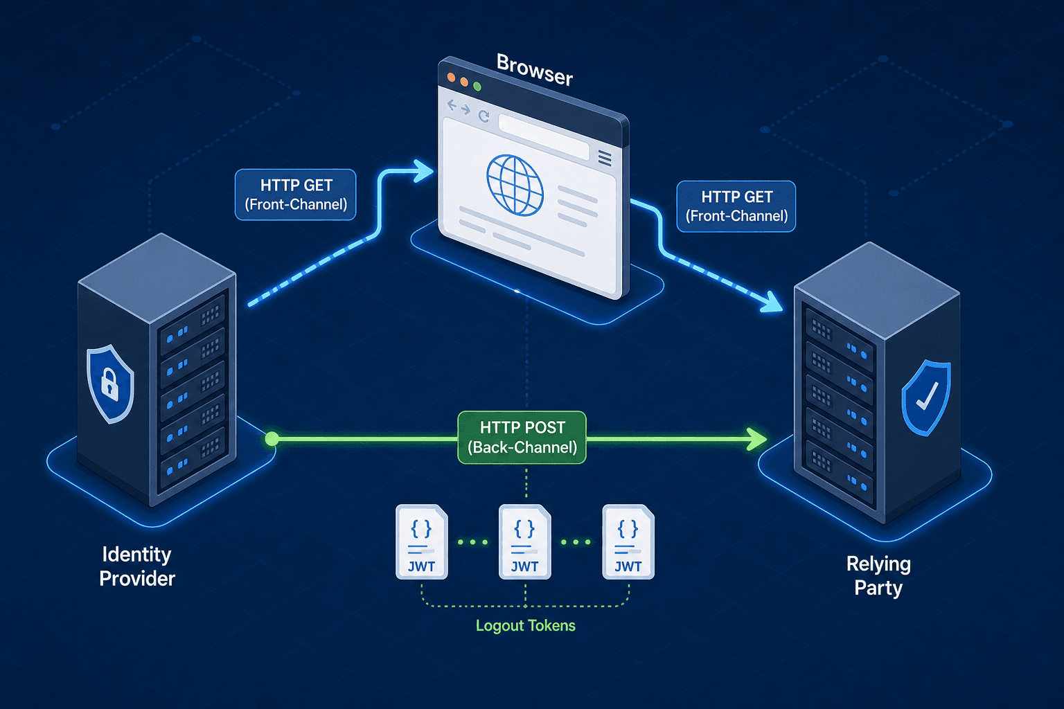 Diagram illustrating the difference between Front-Channel and Back-Channel logout flows in OpenID Connect.