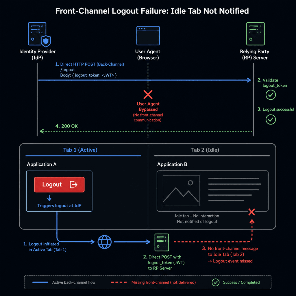 oidc-front-channel-back-channel-logout-inline-1 : PROMET : Architecture diagram showing a browser with two tabs. Tab 1 initiates logout, redirecting to Identity Provider. Tab 2 remains unaffected, highlighting the multi-tab failure mode of front-channel logout. Style : technic…