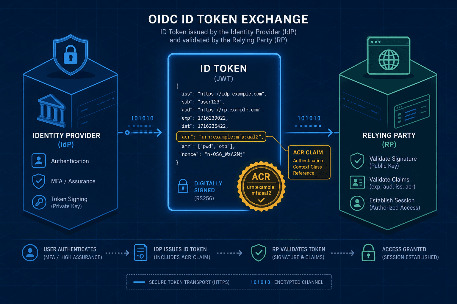 Diagram illustrating the interaction between OIDC Relying Party and Identity Provider during Multi-Factor Authentication.