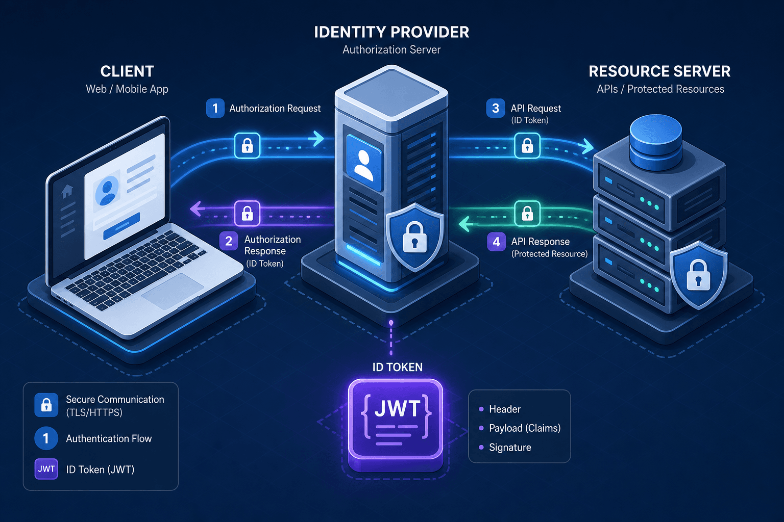 Diagram illustrating the OpenID Connect architecture with Client, Identity Provider, and Resource Server interactions.