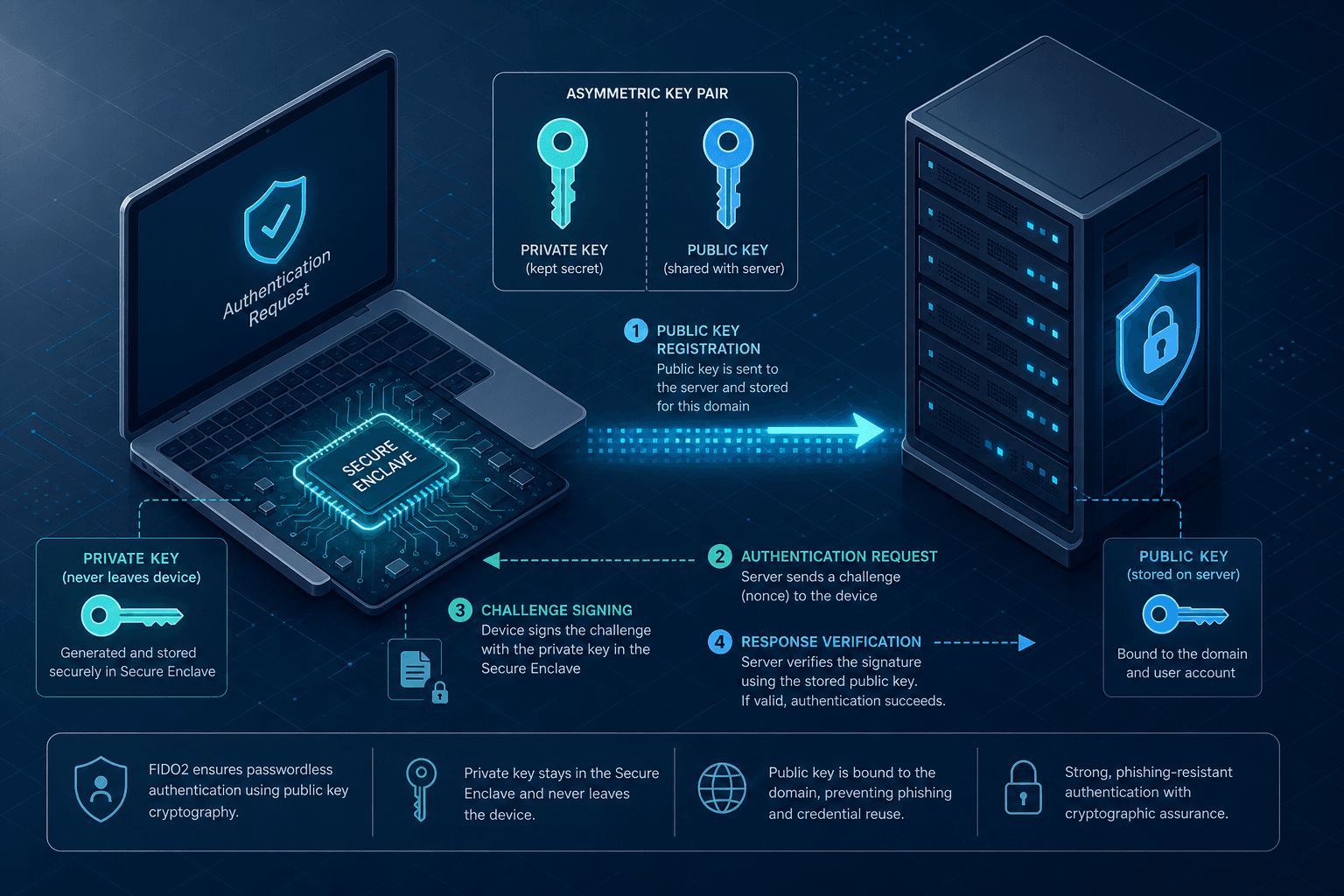 Diagram illustrating the cryptographic flow of FIDO2 passwordless authentication between user device and server.