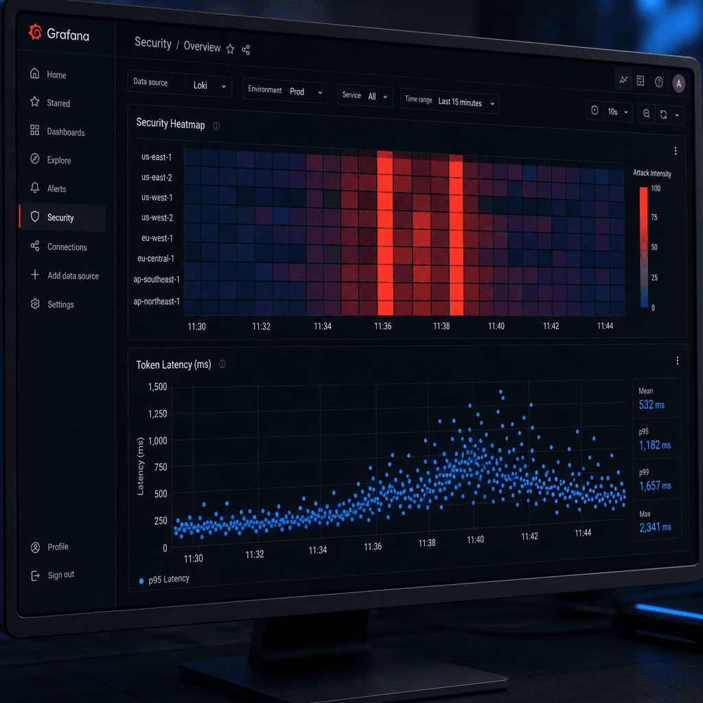 Close-up technical illustration of a Grafana dashboard interface showing a security heatmap with red vertical stripes indicating an attack, and a scatter plot showing token latency trends. Style : UI mockup, clean lines, dark mode interface, high contrast.