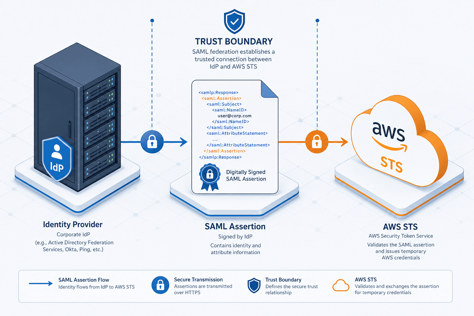 Diagram illustrating the trust boundary between an Identity Provider and AWS IAM using SAML assertions.