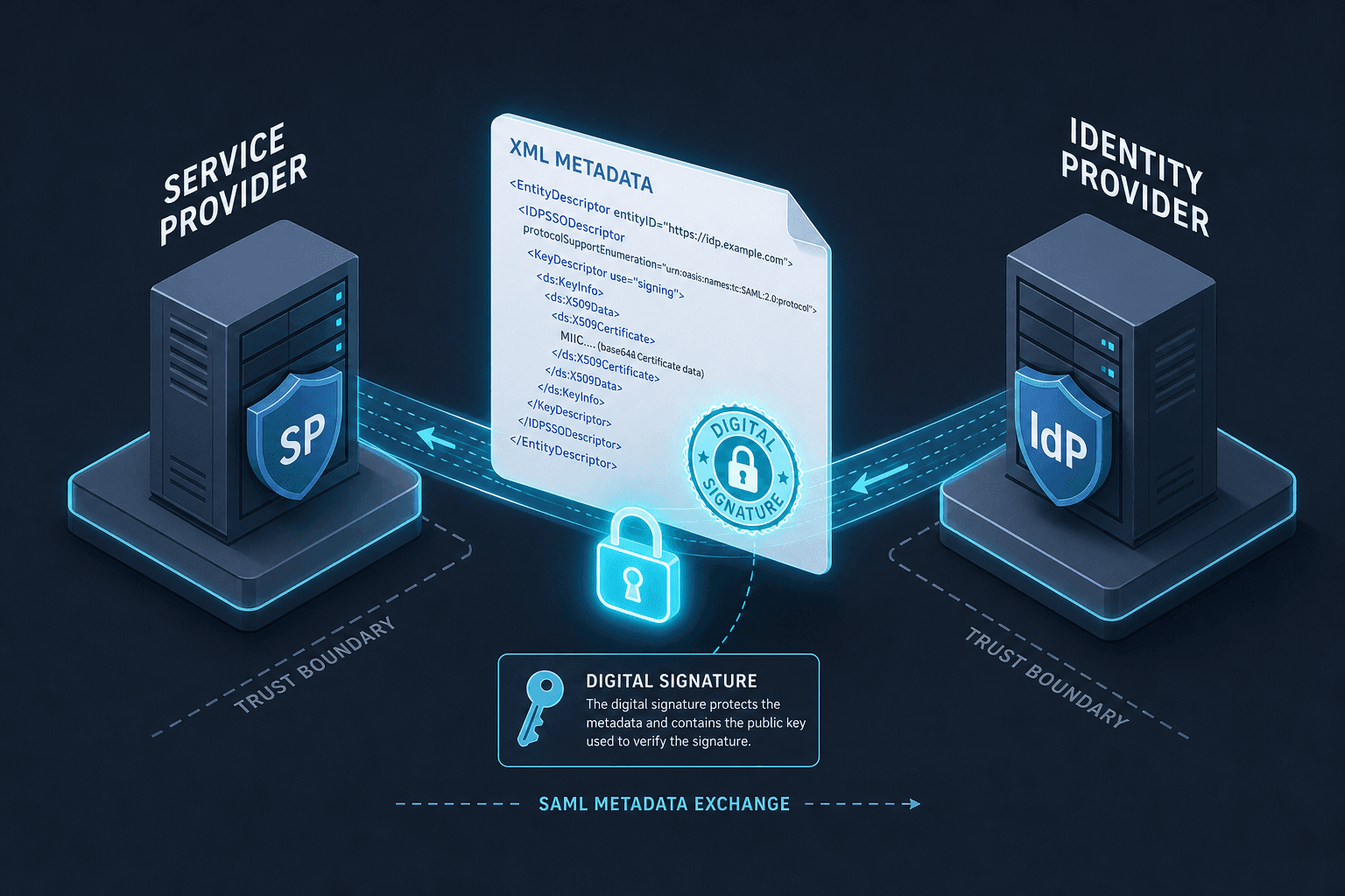 Diagram illustrating the SAML trust boundary and the cryptographic validation of metadata signatures.