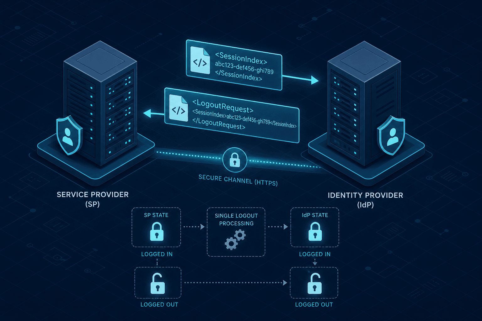 Diagram illustrating the distributed state machine of SAML Single Logout between Service Provider and Identity Provider.