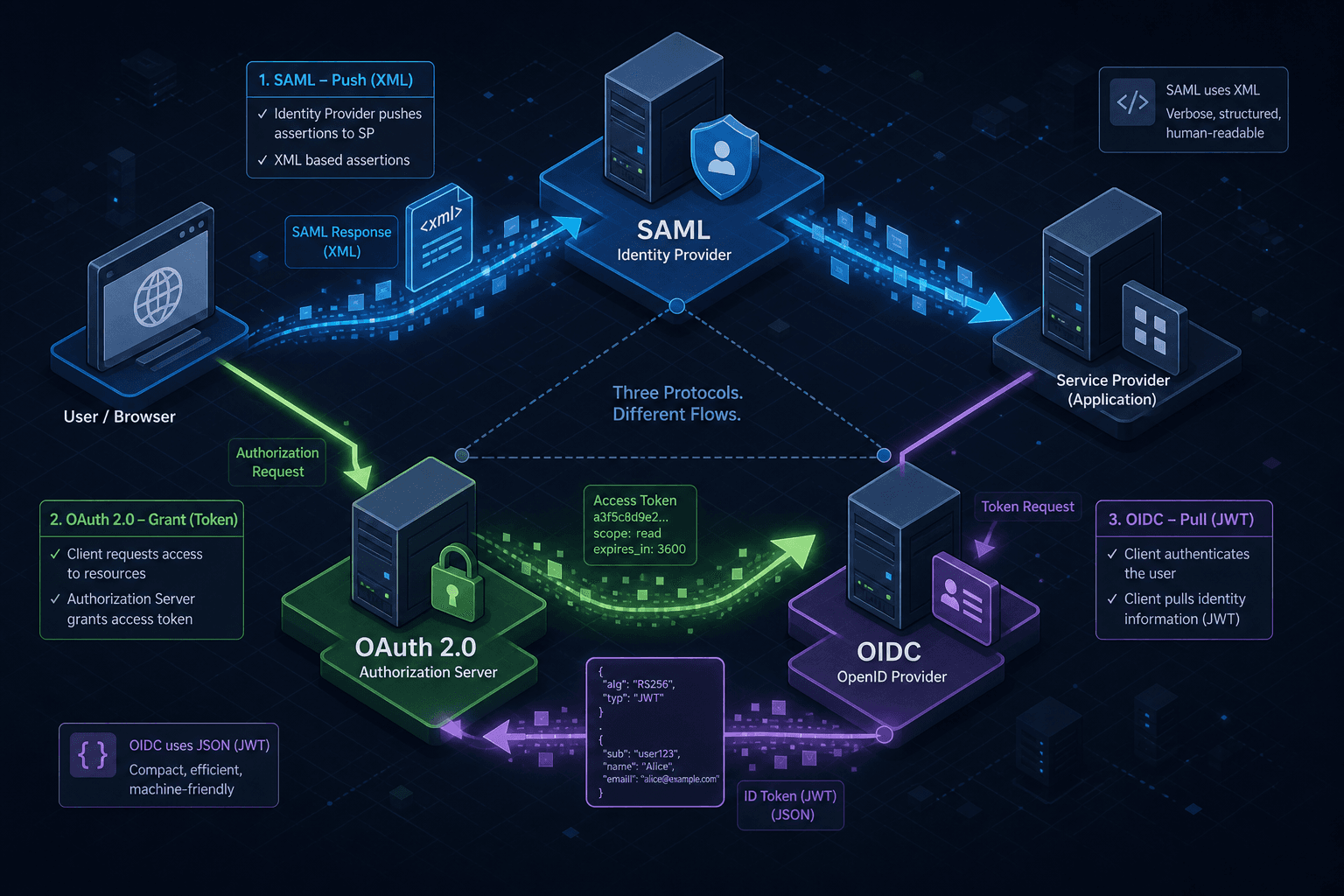 Diagram comparing SAML, OAuth 2.0, and OIDC data flows.