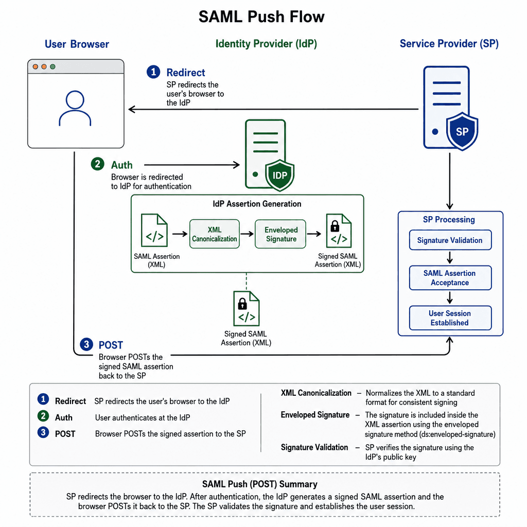 Architectural diagram showing the SAML "push" flow. Illustrate the Service Provider (SP) redirecting the user's browser to the Identity Provider (IdP). Show the IdP generating a signed XML assertion and the browser POSTing this assertion back to the SP. Use a technical style w…