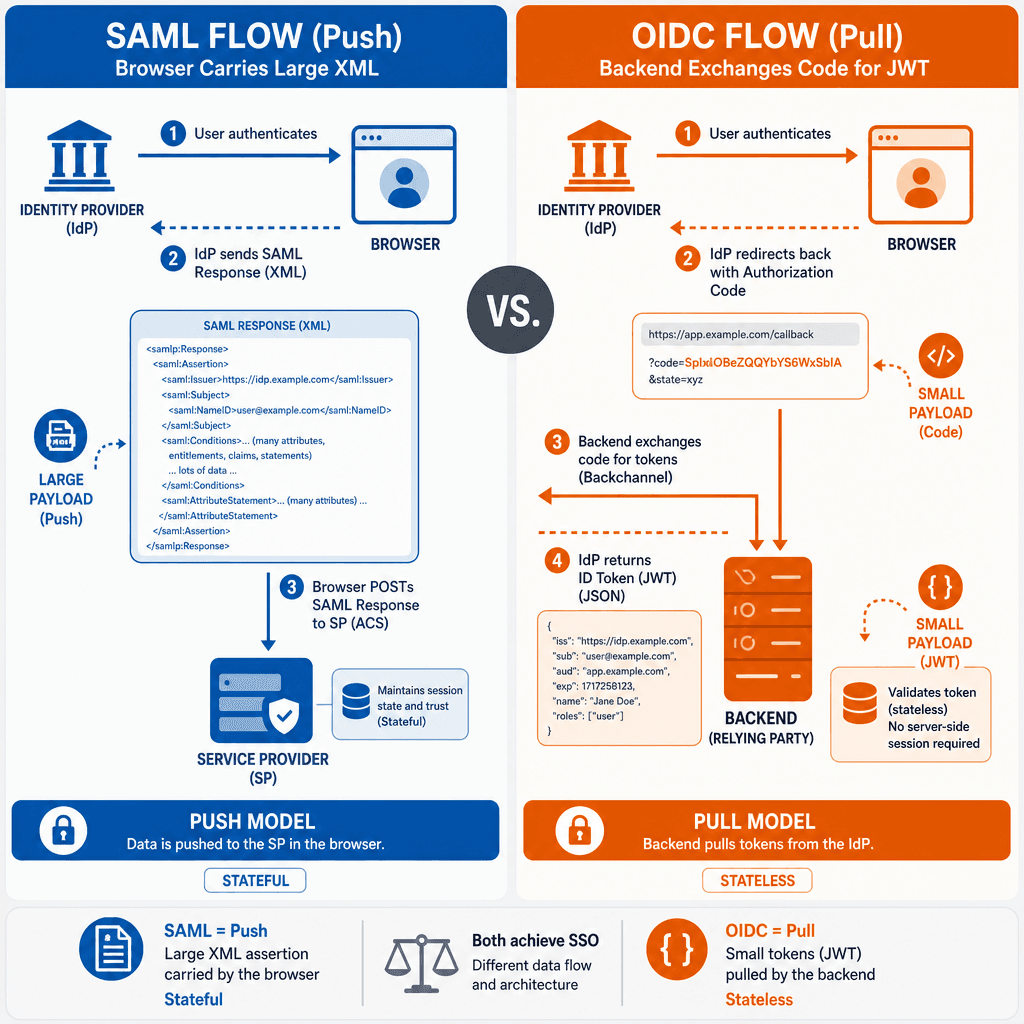 Side-by-side comparison illustration. Left side: SAML flow showing browser carrying a large XML blob. Right side: OIDC flow showing backend exchanging a code for a small JSON JWT. Highlight the "Push" vs "Pull" dynamic with arrows. Use a clean, modern tech aesthetic with blue …