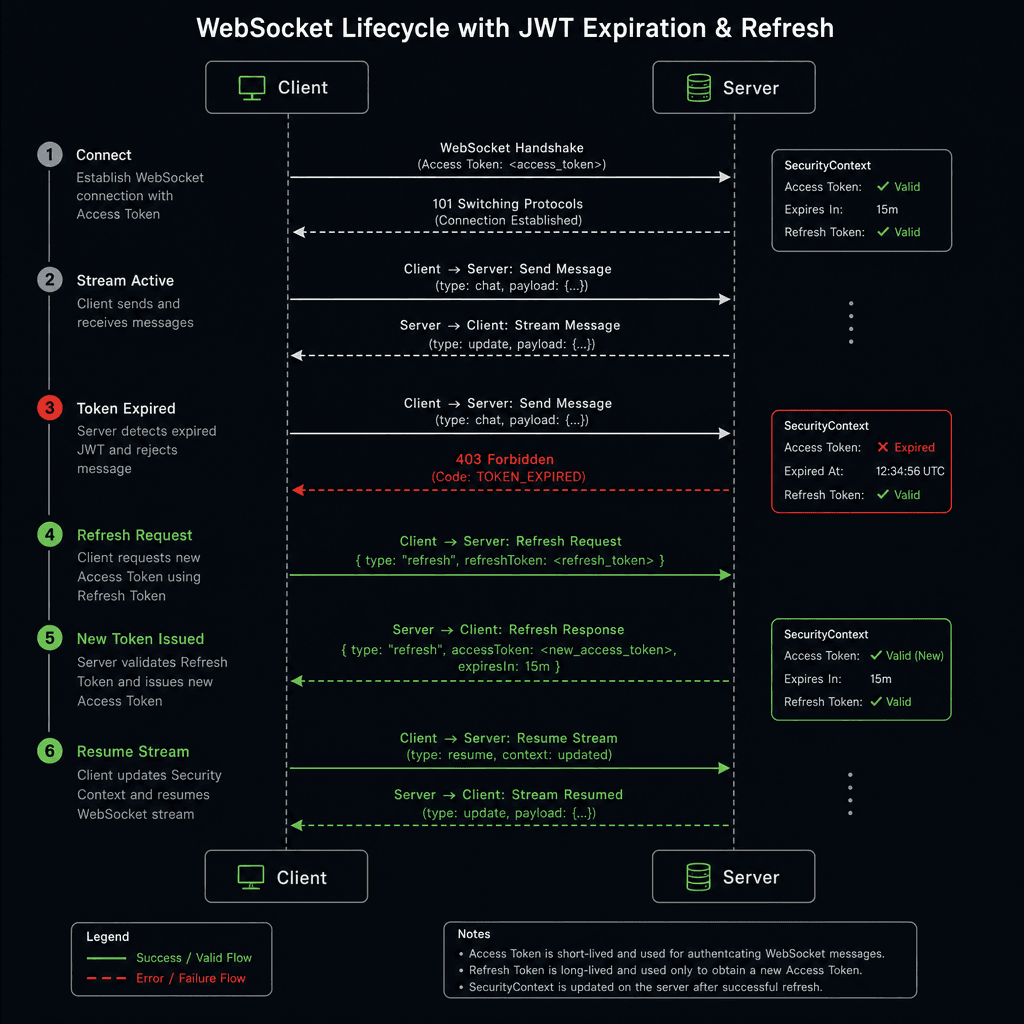 Sequence diagram illustrating the WebSocket lifecycle with JWT expiration. Show the client sending a message, receiving a 403 error, sending a refresh token request, receiving a new token, and resuming the stream. Style : technical sequence diagram, minimalist, dark mode, gree…