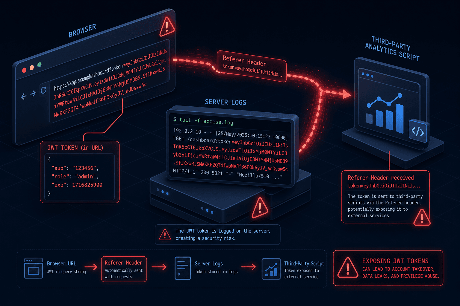 Diagram illustrating the leakage of a JWT token from a URL into the Referer header and browser history.