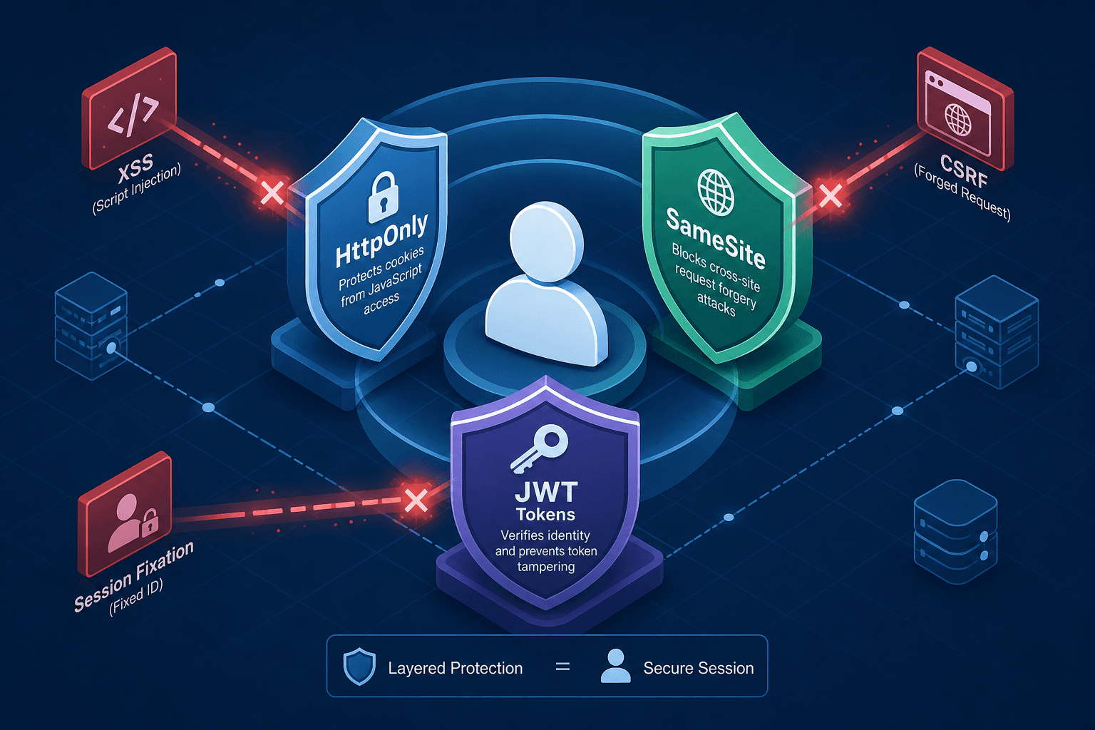 Diagram illustrating the security layers of session management including HttpOnly, SameSite, and JWT tokens.