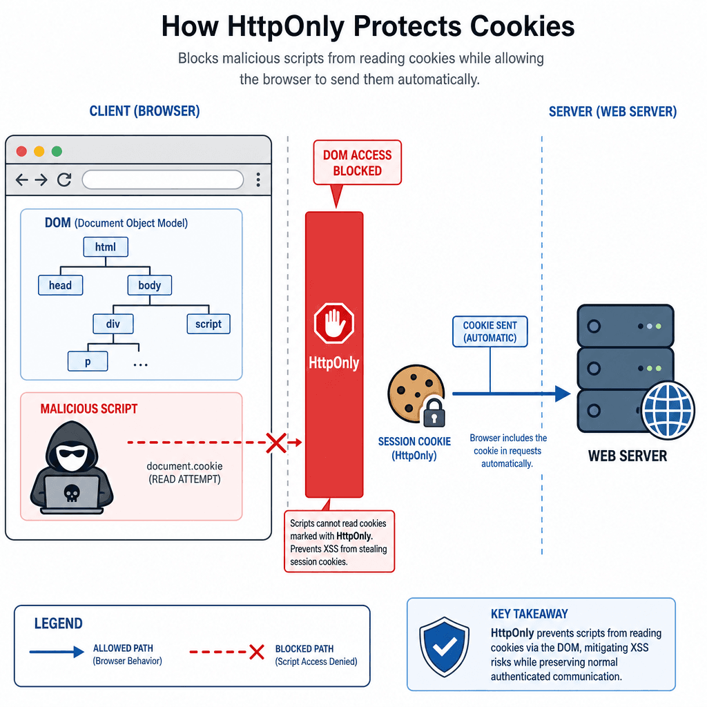 Architectural diagram showing a browser, a web server, and an attacker. The diagram illustrates how the HttpOnly flag blocks a malicious script from reading a session cookie while allowing the browser to send it automatically with requests. Style : technical schematic, flat de…