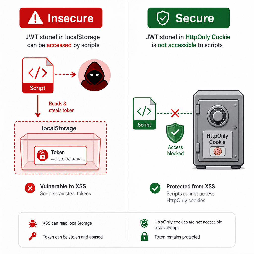 Side-by-side comparison diagram. Left side : "Insecure" showing a script icon accessing localStorage icon. Right side : "Secure" showing a shield icon blocking script access to an HttpOnly cookie. Style : clean technical illustration, high contrast, red for insecure, green for…