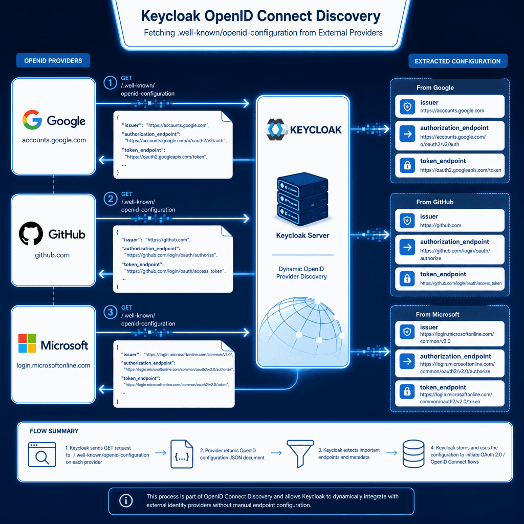 Technical diagram showing the flow of Keycloak fetching .well-known/openid-configuration from Google, GitHub, and Microsoft, highlighting the extraction of issuer, authorization_endpoint, and token_endpoint. Style: clean vector architecture sketch, blue and white palette, tech…