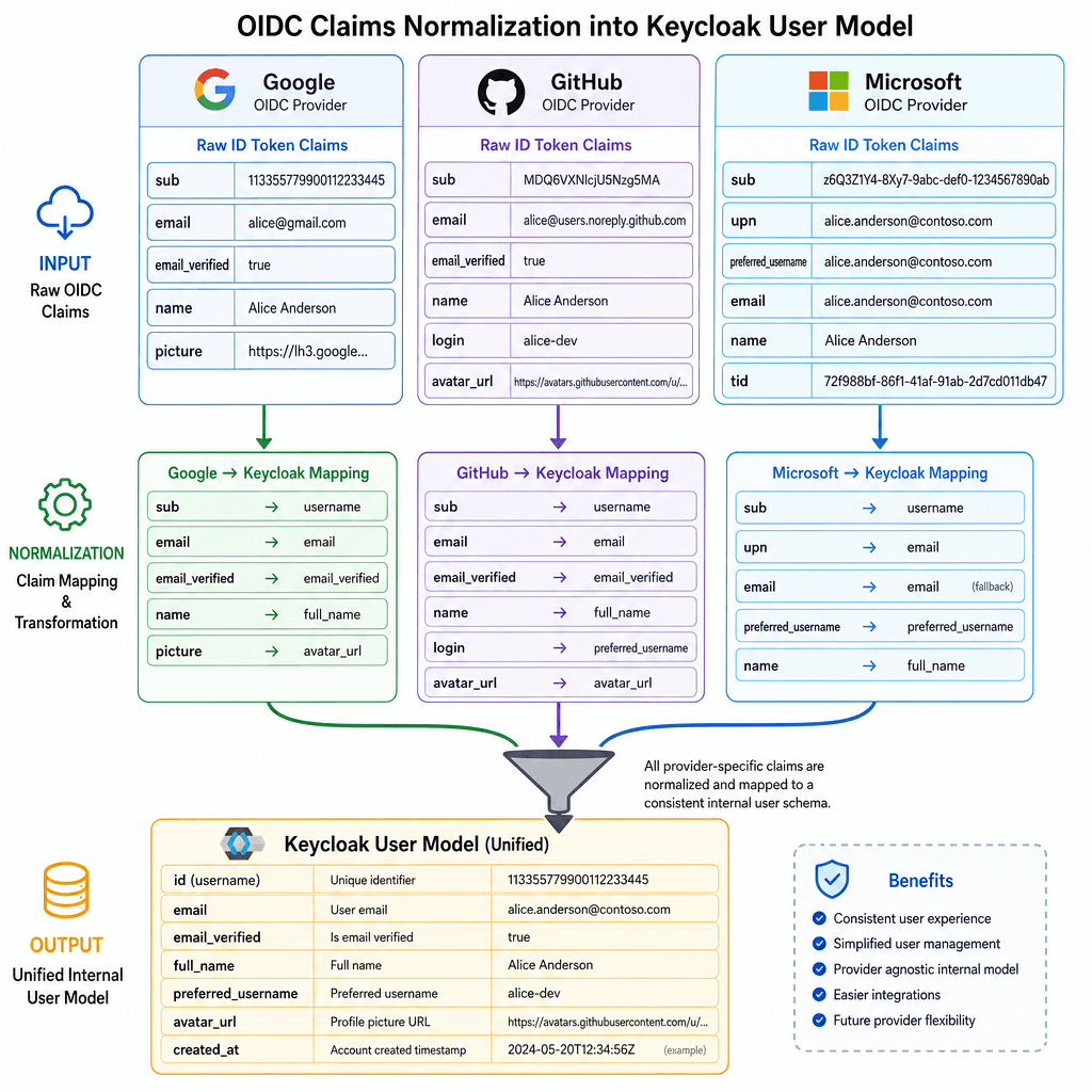 Conceptual diagram illustrating the mapping of different OIDC claims (sub, email, upn) from Google, GitHub, and Microsoft into a unified Keycloak user model. Use arrows to show normalization. Style: technical flowchart, distinct colors for each provider, clean lines, education…