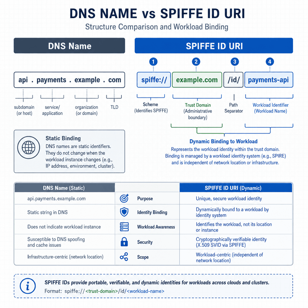 Technical diagram showing the structure of a SPIFFE ID URI (spiffe : //domain/id/workload/name) compared to a traditional DNS name, highlighting the dynamic binding to the workload. Style : clean vector graphics, blue and grey palette, high contrast.