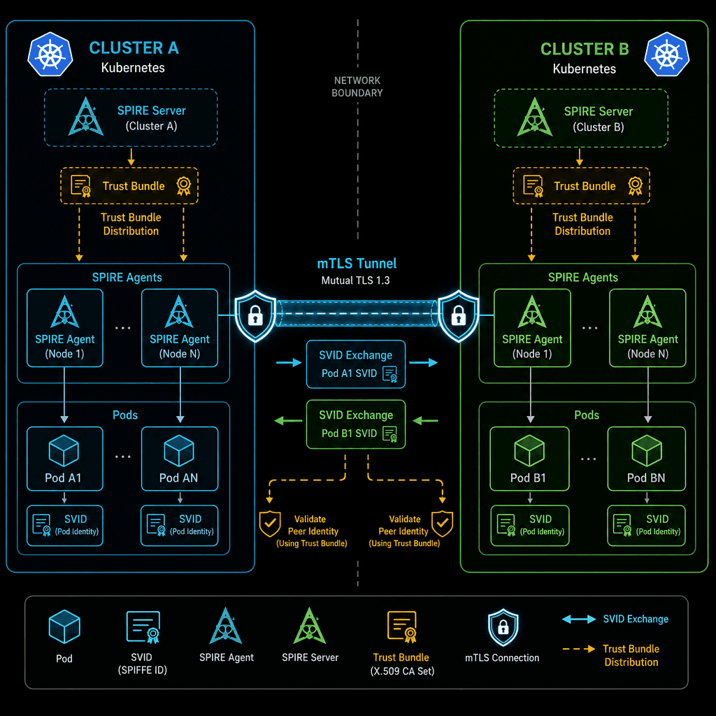Architecture diagram showing two Kubernetes clusters (Cluster A and Cluster B) connected via mTLS. Show SPIRE Agents in each cluster, pods exchanging SVIDs, and the trust bundle distribution path. Style : technical schematic, clean lines, distinct colors for clusters, dark bac…