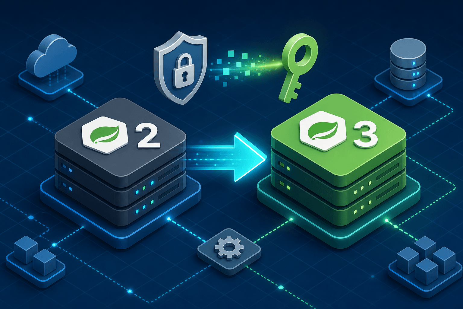 Diagram illustrating the migration path from Spring Boot 2 to Spring Boot 3 and Spring Security 5 to 6.