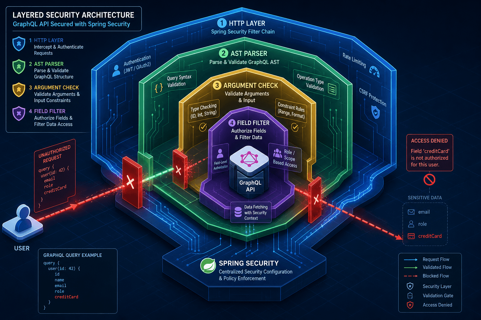 Diagram illustrating the layered security architecture of a GraphQL API secured with Spring Security.