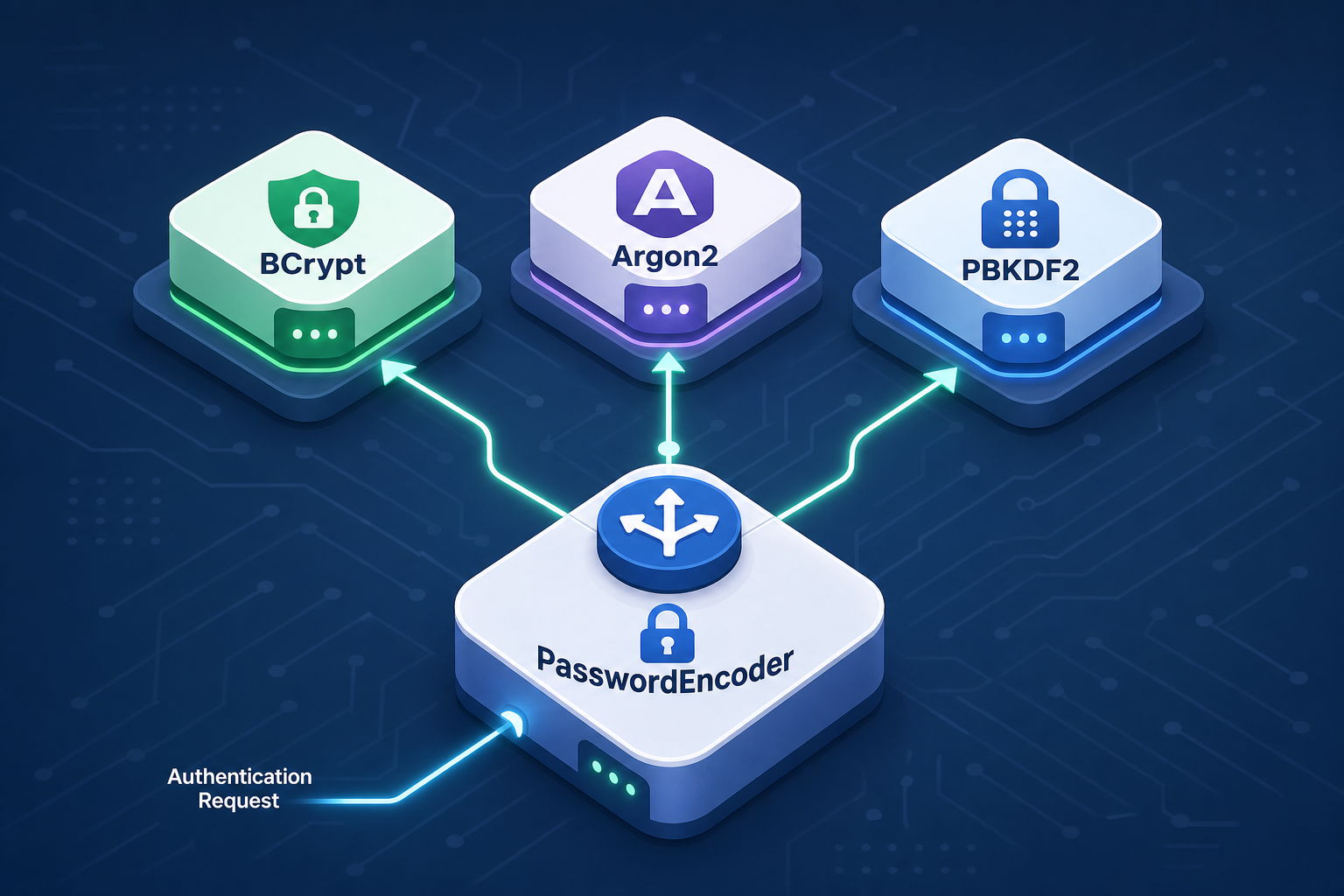 Diagram illustrating the flow of password encoding through BCrypt, Argon2, and PBKDF2 mechanisms in Spring Security.