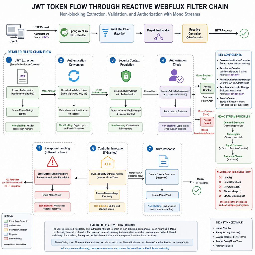 Technical diagram showing the flow of a JWT token through a reactive WebFlux filter chain, highlighting the non-blocking extraction and validation steps using Mono streams. ##END_IMAGE_IMAGE_BLOG The `ServerAuthenticationConverter` is the bridge between the raw HTTP request an…