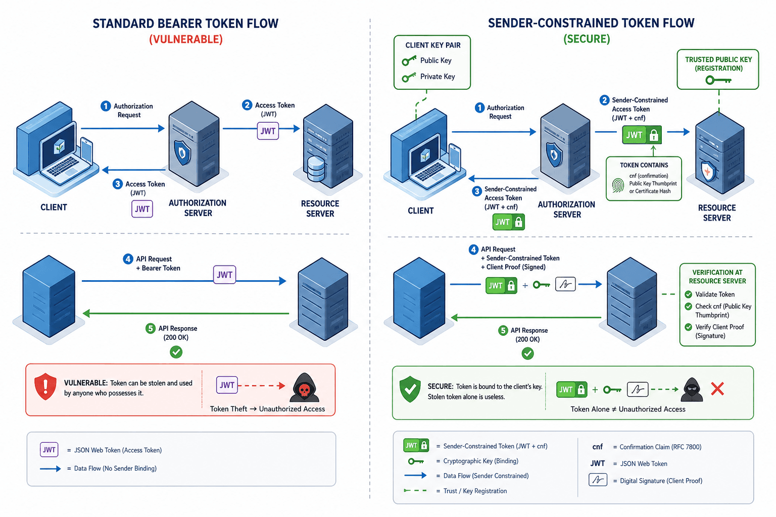 Diagram illustrating the difference between standard bearer tokens and sender-constrained tokens with cryptographic key binding.