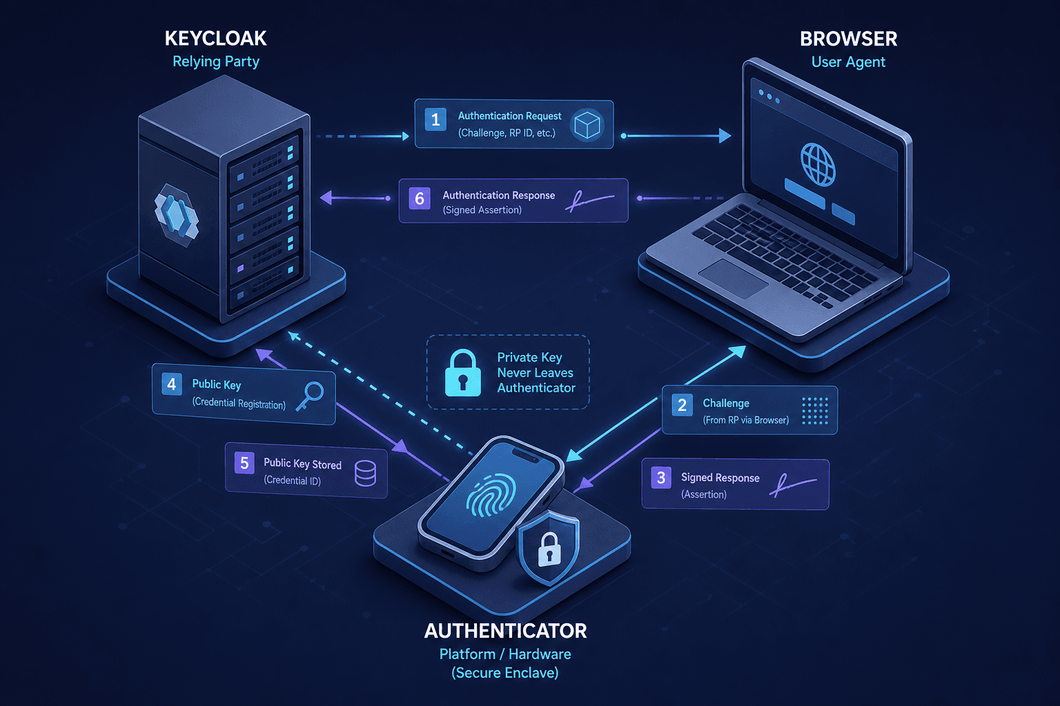 Diagram illustrating the WebAuthn trust model between Keycloak as a Relying Party and the user's device authenticator.