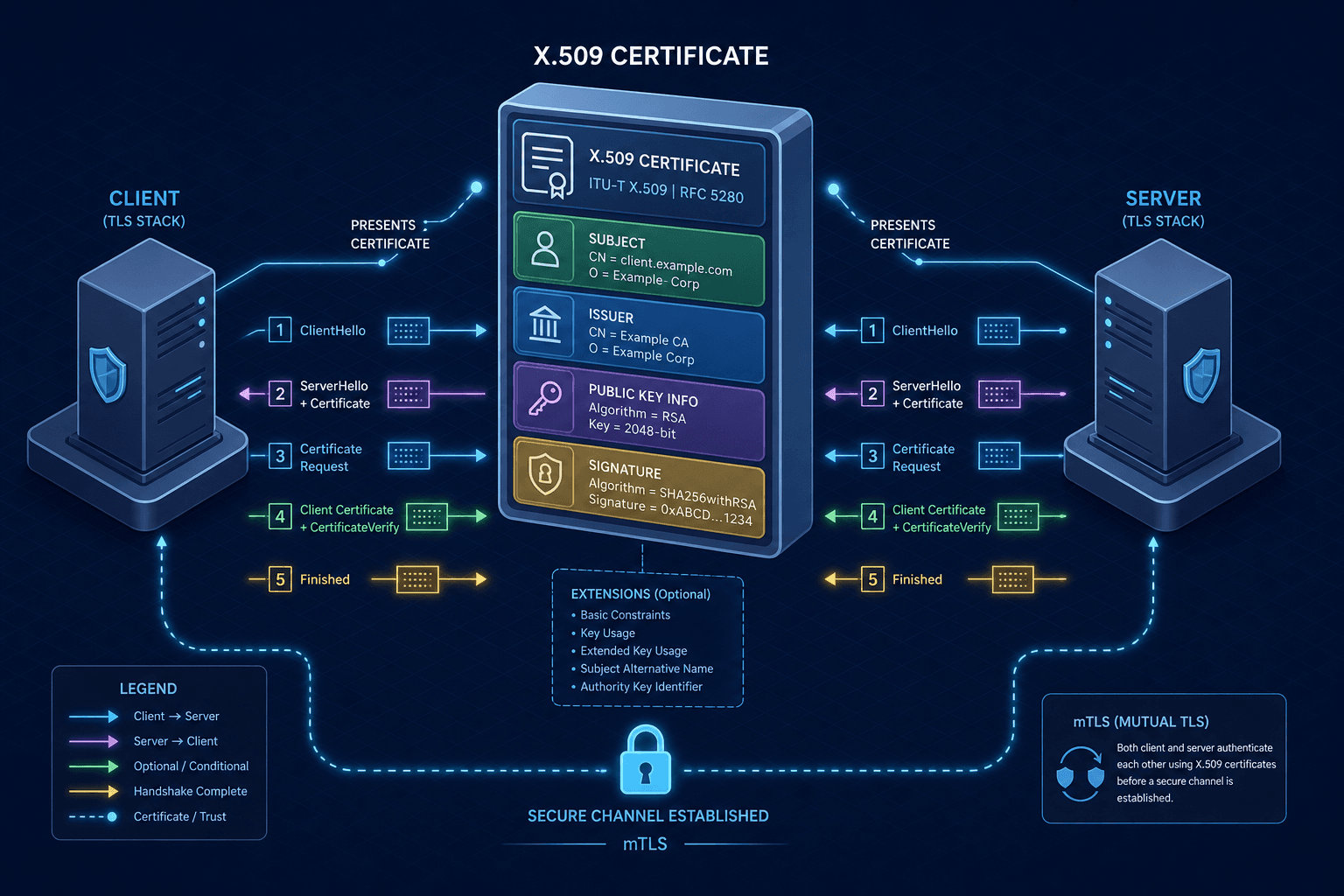 Diagram illustrating the structure of an X.509 certificate and the bidirectional handshake of mTLS.