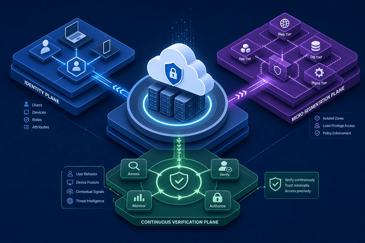 Diagram illustrating the Zero Trust Architecture model with Identity Plane, Micro-segmentation, and Continuous Verification loops.