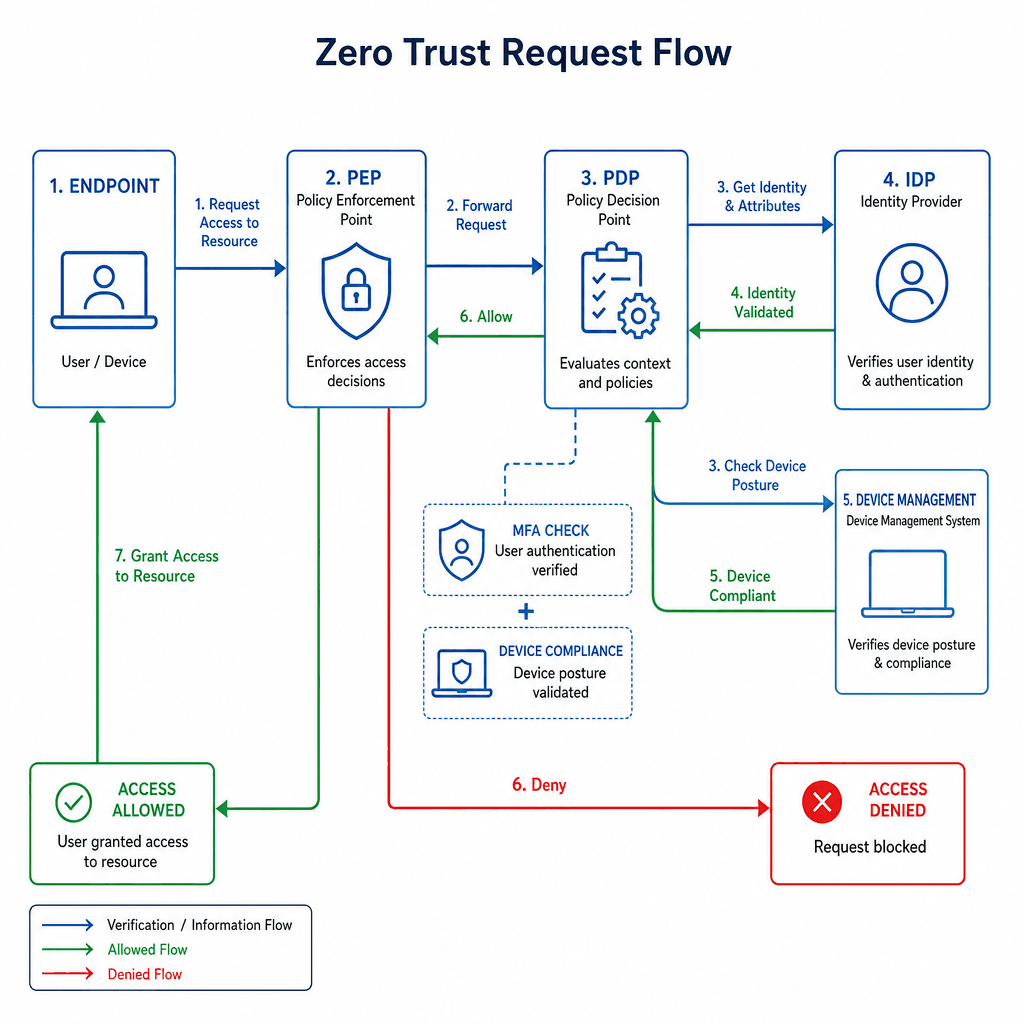 Technical architectural diagram showing the flow of a Zero Trust request. Depict an endpoint user, a Policy Enforcement Point (PEP), a Policy Decision Point (PDP), an Identity Provider (IdP), and a Device Management system. Use clean lines, blue and green color palette for sec…