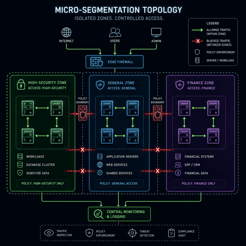 Network topology diagram illustrating micro-segmentation. Show a central server cluster divided into multiple small isolated zones (High-Security, General, Finance). Use dashed red lines to show blocked lateral movement between zones. Use green arrows for allowed traffic withi…