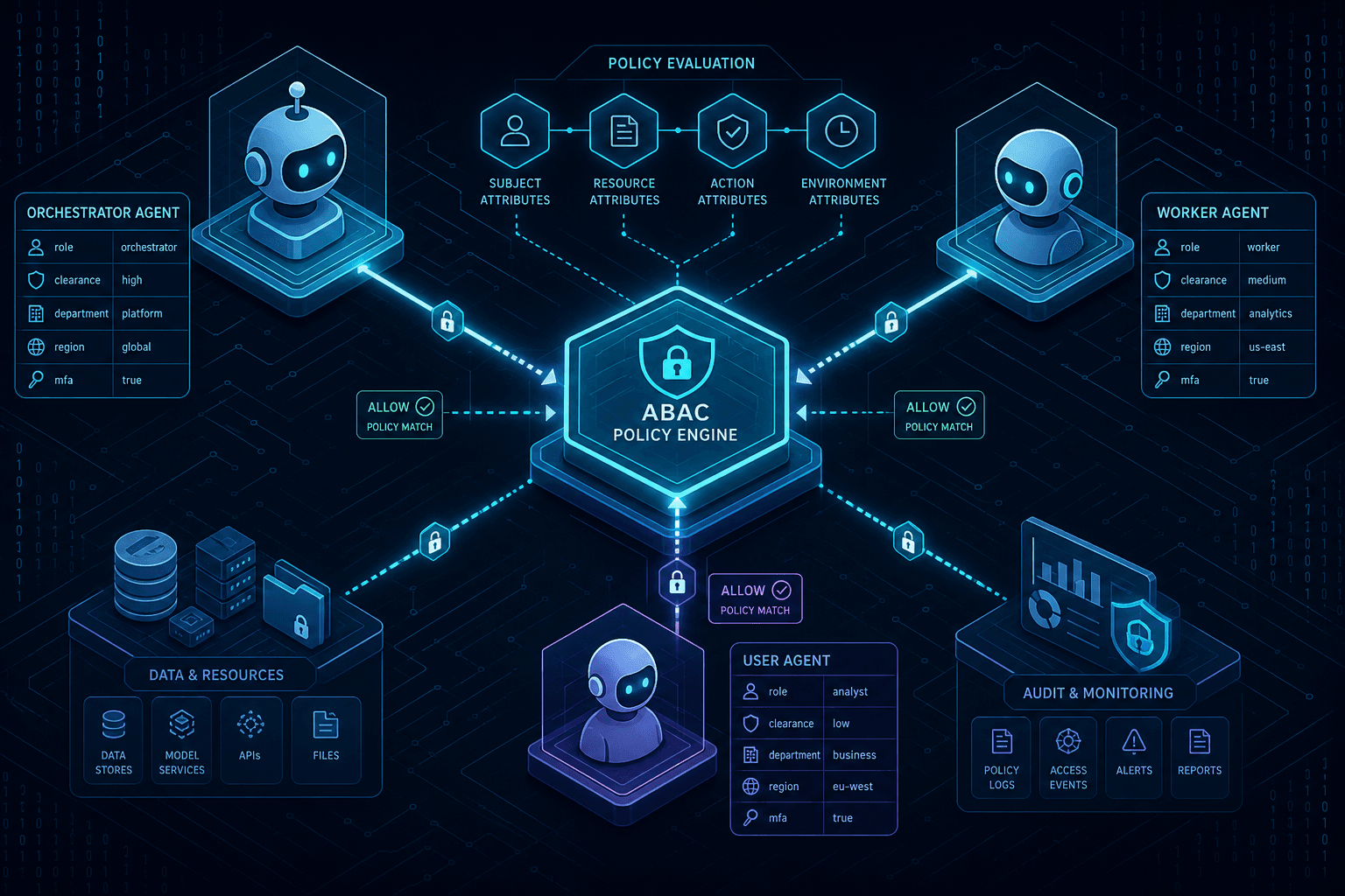 Diagram illustrating Attribute-Based Access Control for autonomous AI agents.