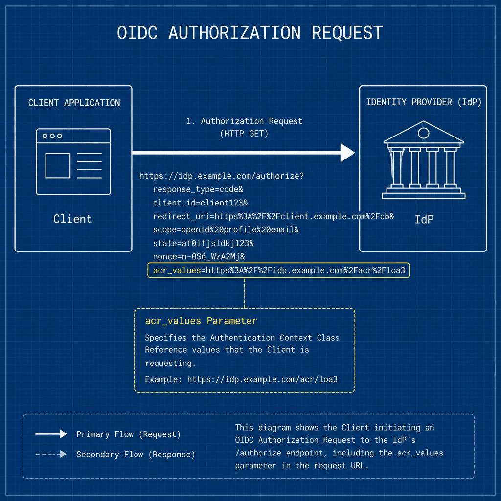 A clean technical diagram showing an OIDC authorization request. The client app sends a request to the IdP /authorize endpoint. Highlight the acr_values parameter in the request URL. Use a blueprint style with clear labels and arrows indicating the flow from client to IdP. Pal…