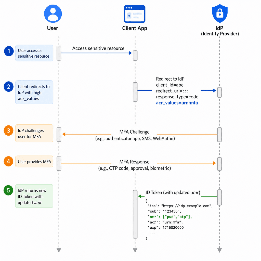 A sequence diagram illustrating step-up authentication. Show the user, the client application, and the IdP. Step 1 : User accesses sensitive resource. Step 2 : Client redirects to IdP with high acr_values. Step 3 : IdP challenges user for MFA. Step 4 : User provides MFA. Step …