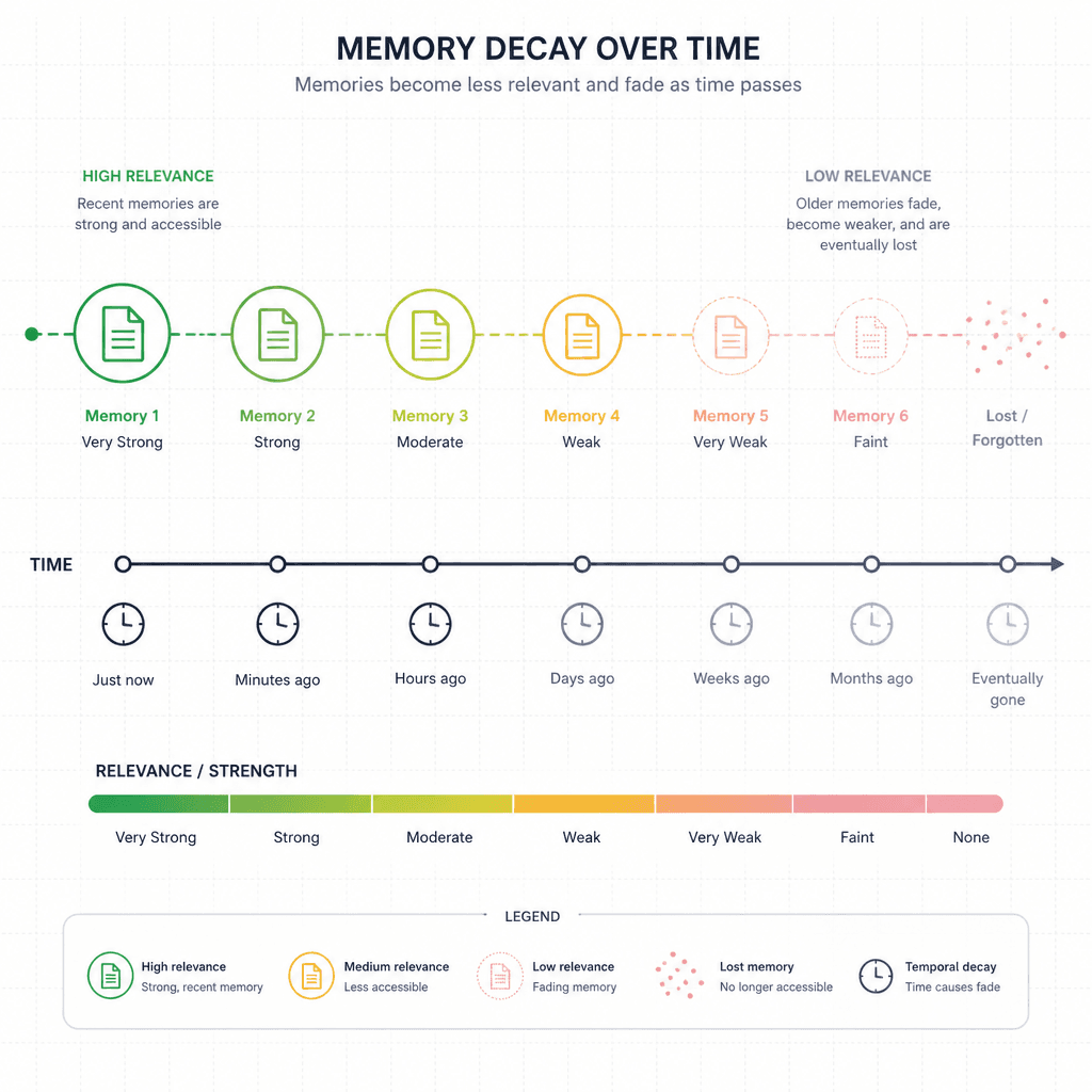 A schematic timeline visualization showing memory entries fading over time, illustrating temporal and relevance decay.