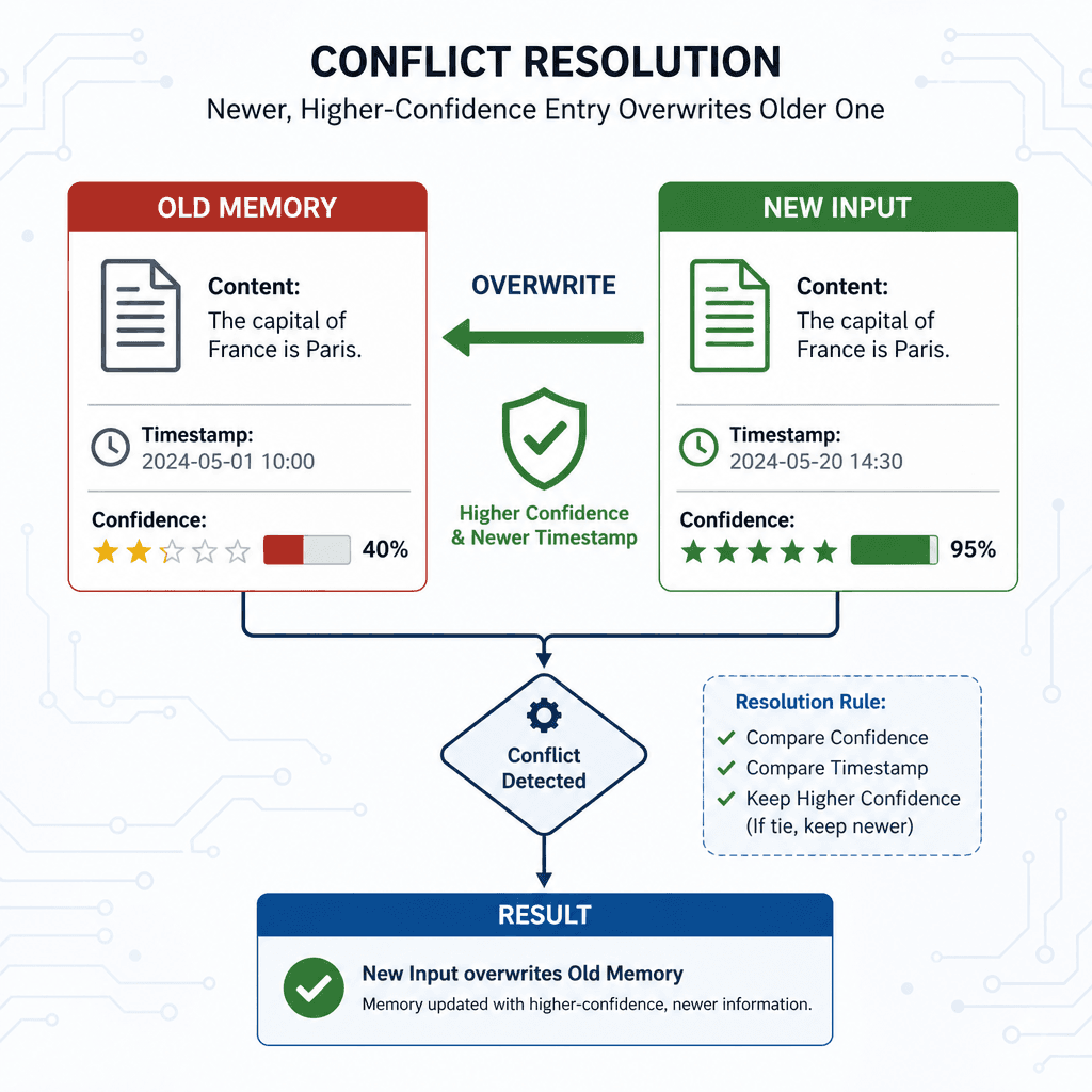 A flowchart diagram showing conflict resolution between two memory entries, where a newer, higher-confidence entry overwrites an older one.