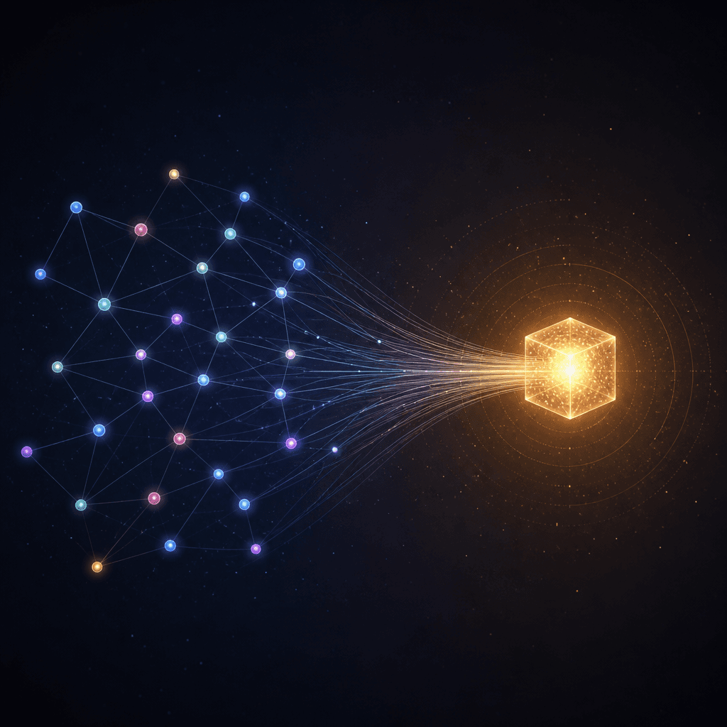 A visual representation of memory consolidation, showing multiple scattered data points clustering together to form a single, dense semantic node.