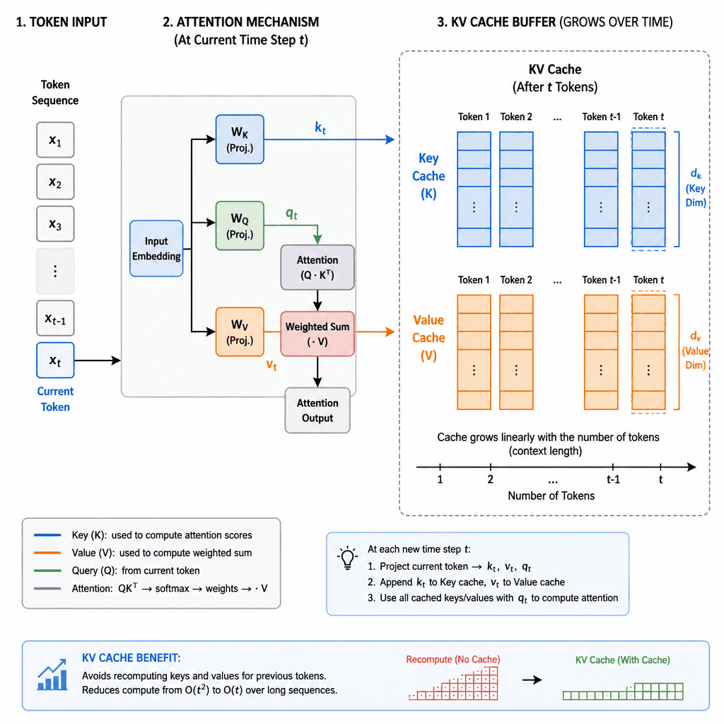 Technical diagram showing the Key-Value (KV) cache structure within an LLM transformer layer. Visualize how each previous token's key and value vectors are stored in a growing buffer. Clean, minimalist schematic style, high contrast, blue and orange color palette for keys vs v…