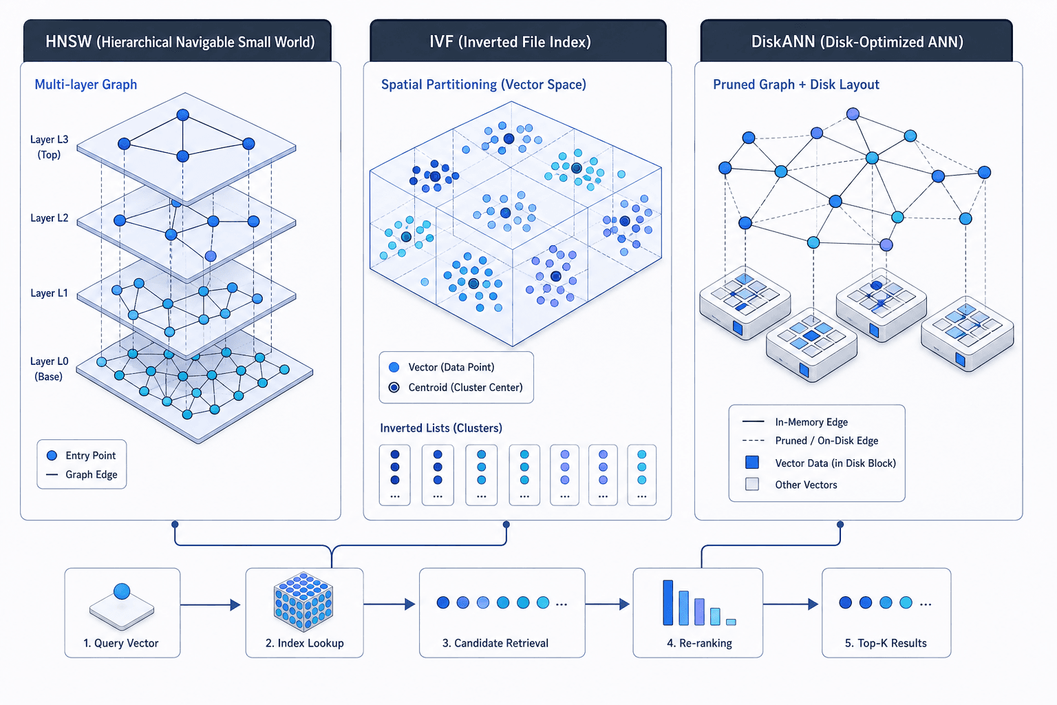 Diagram comparing HNSW, IVF, and DiskANN vector search architectures.