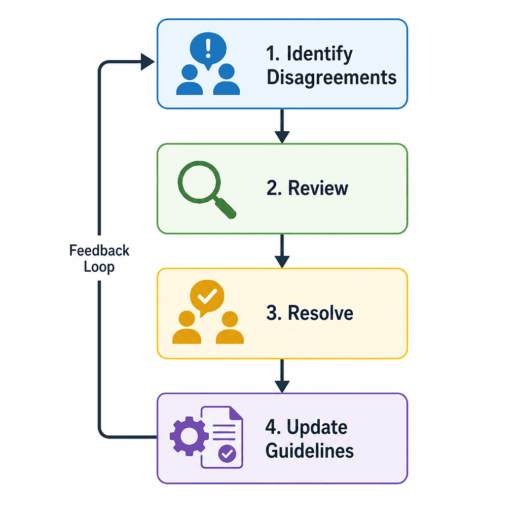 Flowchart diagram of the adjudication loop process, showing steps from identifying disagreements to reviewing, resolving, and updating guidelines, clean technical style