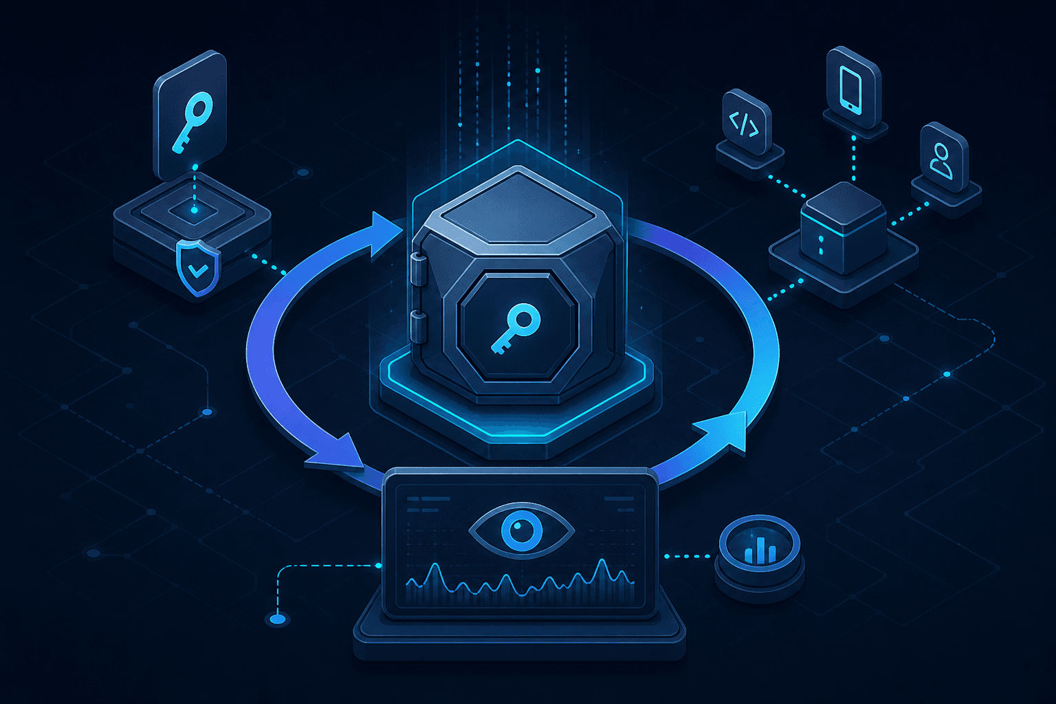 Diagram illustrating the lifecycle of API key rotation and secure storage.