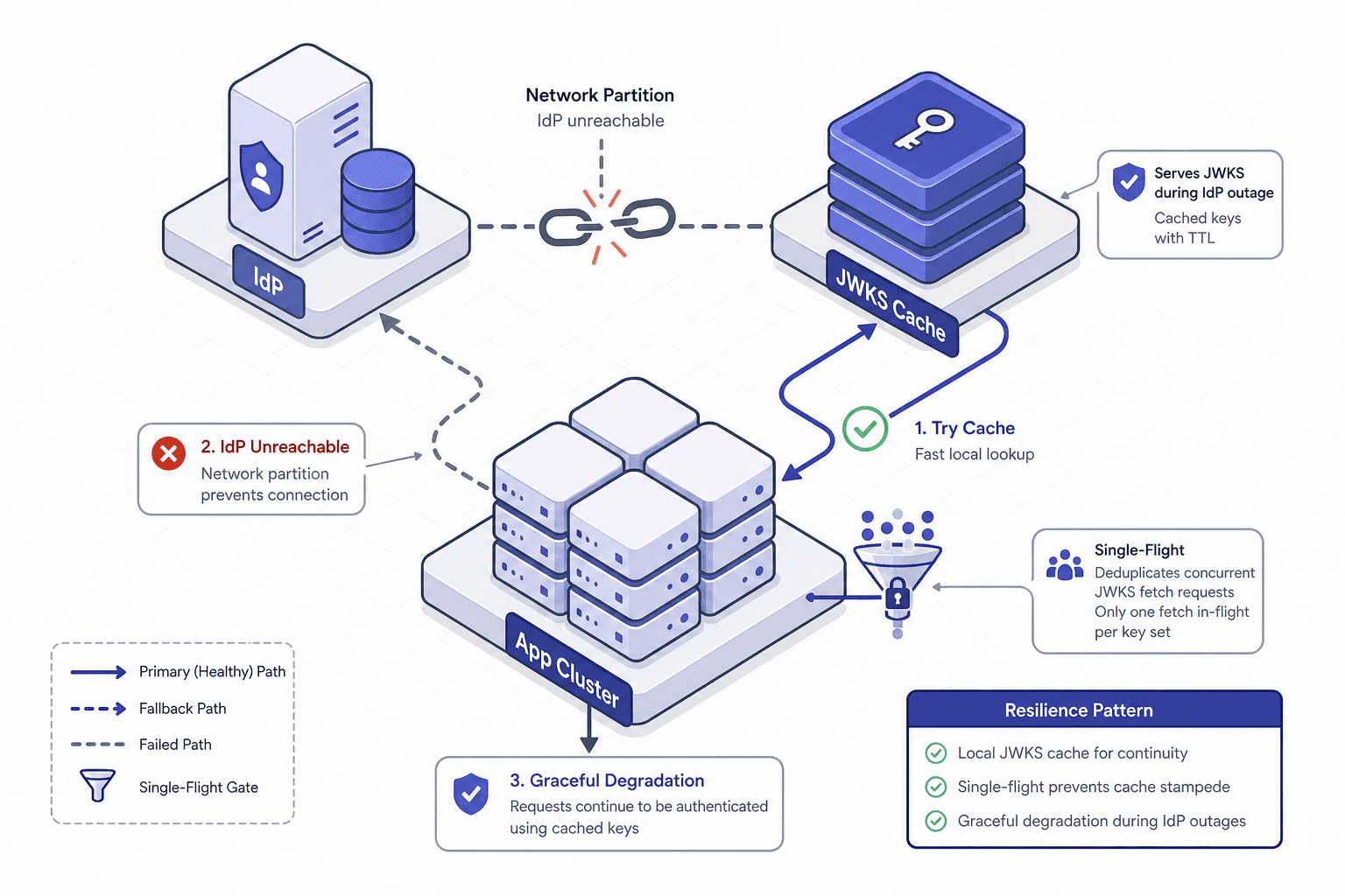 Diagram illustrating auth infrastructure resilience patterns including caching and multi-region redundancy.