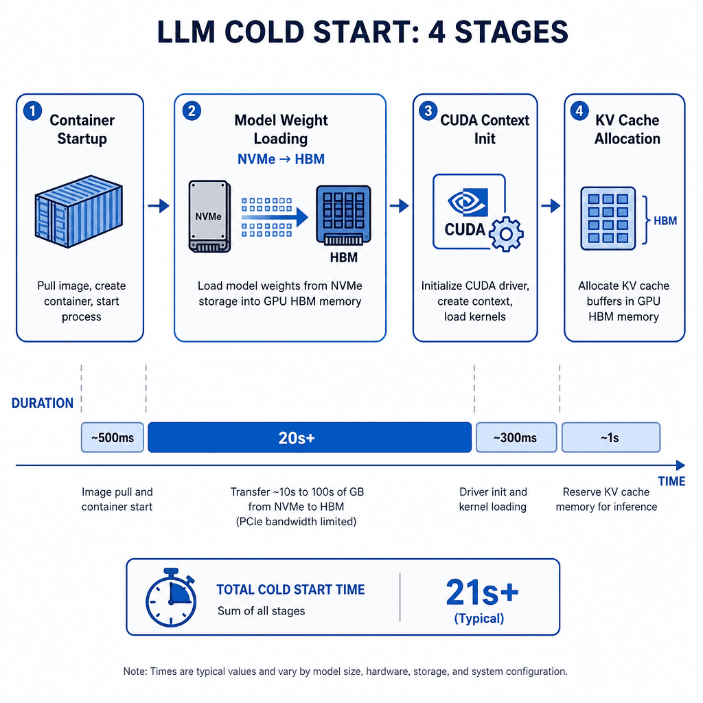 Technical diagram showing the four stages of an LLM cold start : container startup, model weight loading from NVMe to HBM, CUDA context init, and KV cache allocation. Highlight the time duration of each stage, emphasizing the 20s+ wait for weight loading. Style : clean technic…